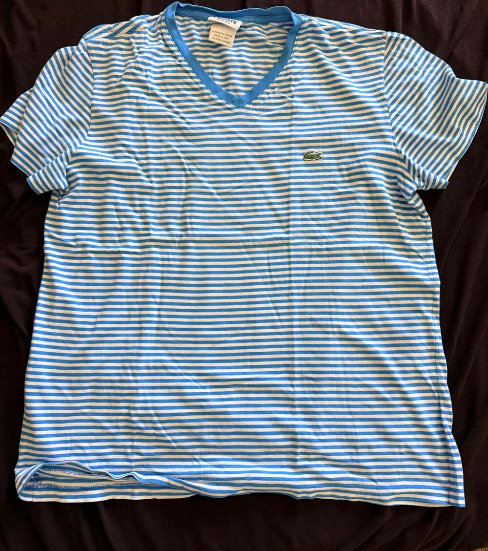 Lacoste Men's Blue and White Striped V-Neck T-Shirt with Embroidered Crocodile L